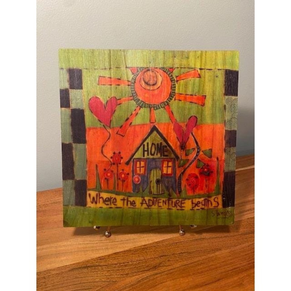 S Burgess Hand Painted Wood Wall Plaque Home Where the Adventure Begins Folk Art